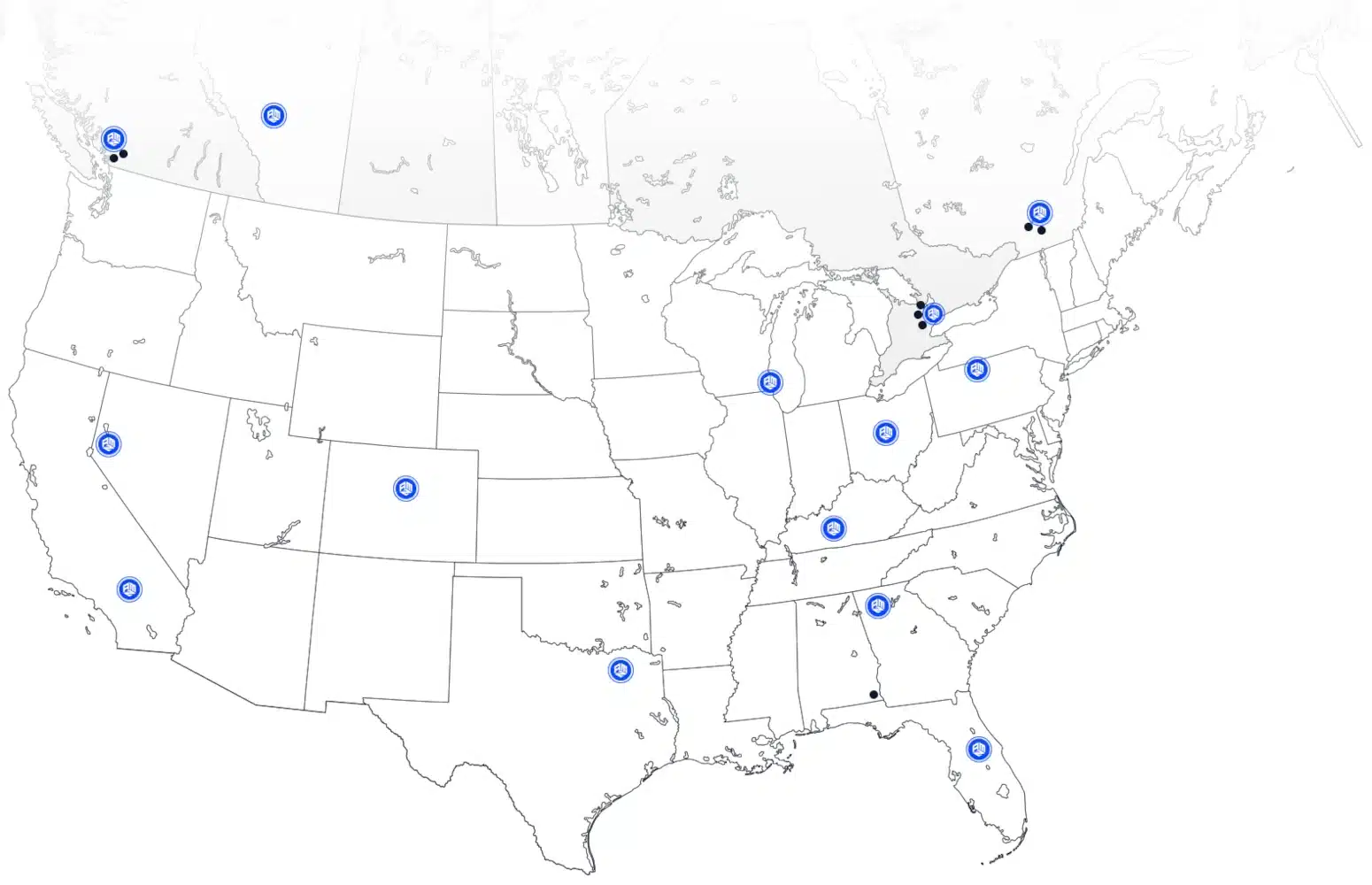 Amz prep warehouse network map showing 50 plus fulfillment center locations across the united states and canada